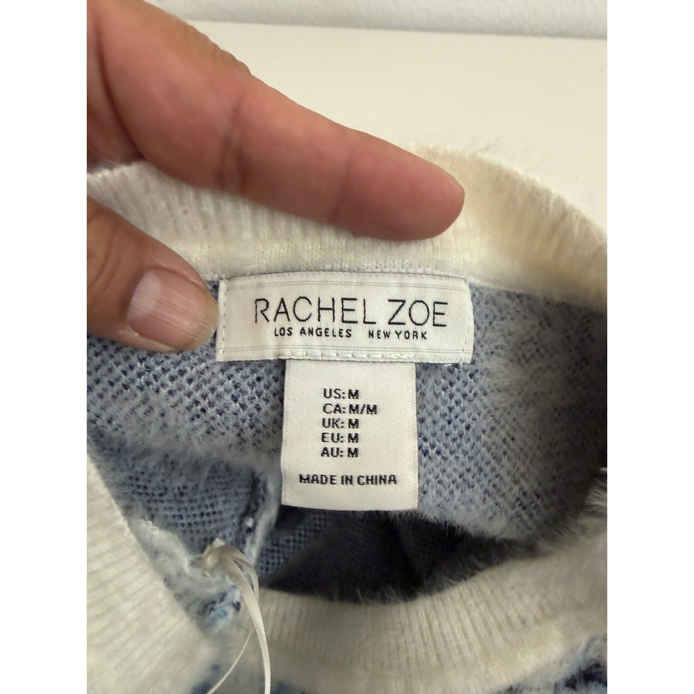 Rachel Zoe Blue White Floral Fuzzy Knit Short Sleeve Sweater Top Medium RN 75343 - Picture 3 of 5